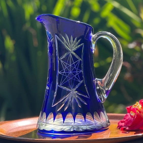 VINTAGE Czech Republic cobalt blue bohemian lead crystal cut to clear pitcher - Picture 3 of 8